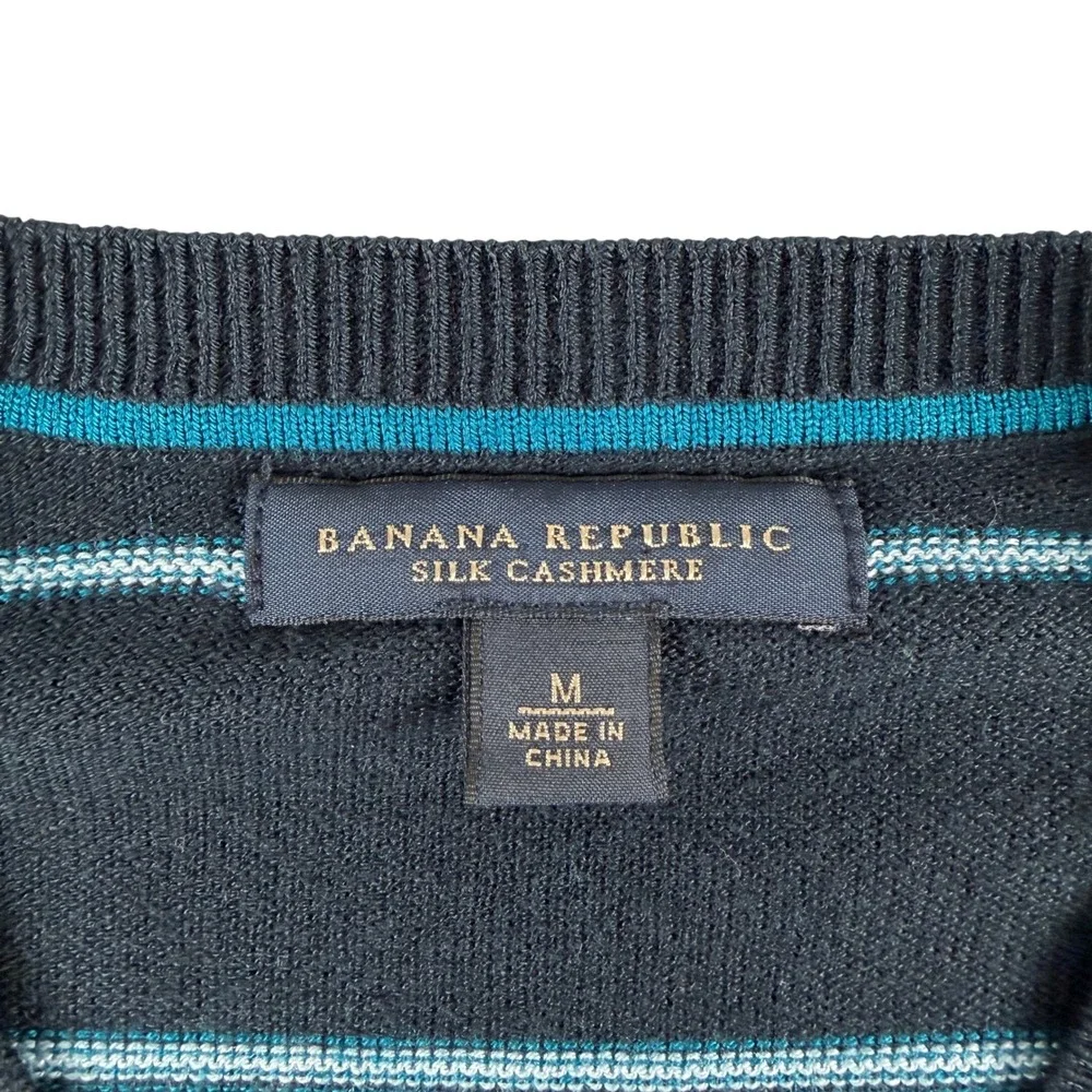 Banana Republic Sweater Mens M Black Blue‎ Striped V-Neck Silk Cashmere Knit